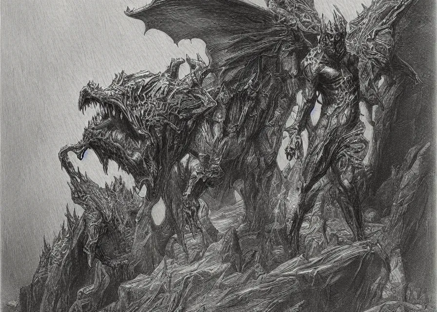 Prompt: gargoyle demon, pencil illustration by Gustave Dore