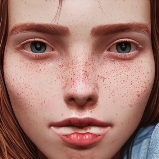 Image similar to portrait of a cute thin young woman, red blush, cute freckles wearing casual clothes, small smile, relaxing on a couch, cozy living room, close up shot, 8 k, art by diego fazio and irakli nadar, hyperrealism, hyperdetailed, ultra realistic