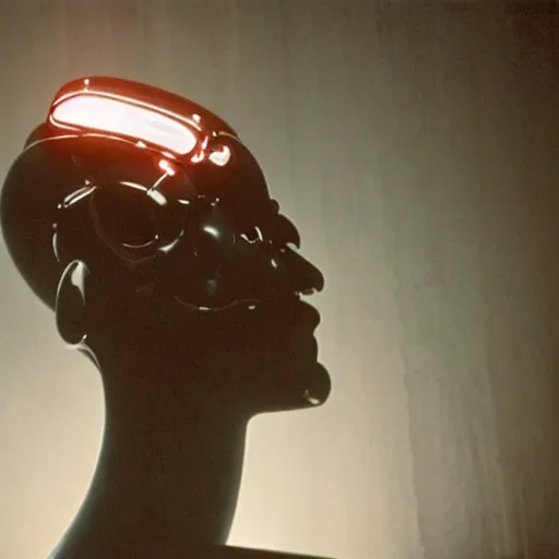 Image similar to movie scene of a man with a robot head, movie still, cinematic composition, cinematic lightning, Movie by David Lynch and Andrzej Żuławski