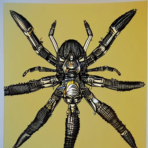 Image similar to ultra precise, asymmetric fineliner drawing of a gold plated mecha spider machine which embeds a man inside a squid, minimal injury, maximal squidification. three colour ink marker pen on rainbow spattered glossy paper. bold lines, gallery quality, winner of nobel prize for insanity