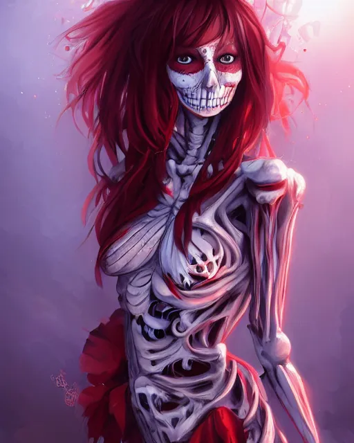 Image similar to A realistic anime portrait of a beautiful skeleton woman with glowing red eyes wearing clothes made of skulls, digital painting, by Stanley Artgerm Lau, Sakimichan, WLOP and Rossdraws, digtial painting, trending on ArtStation, SFW version