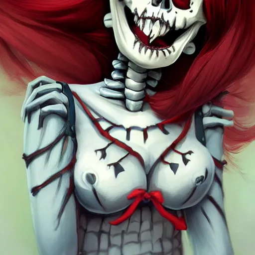 Prompt: cute & beautiful smug smiling undead skeleton girl with very attractive face and red hair dressed as a cheeleader, elegant, digital art, fullbody painting, fantasy, pixar style, painting, pin up, highly detailed, artstation, art by artgerm, vrubel, greg rutkowski, ilya kuvshinov, raymond swanland