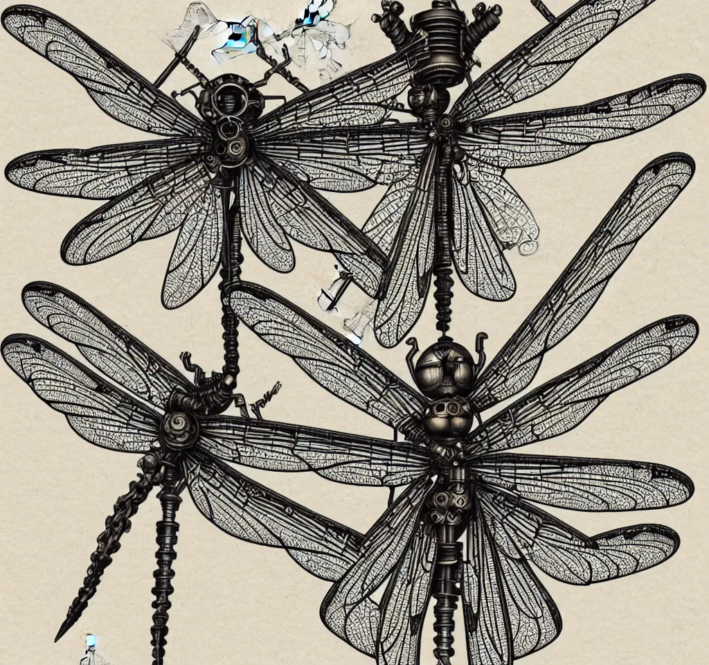 Image similar to blueprint of a Mechanical Dragonfly, ornamental, photorealism, elaborate, highly detailed, ornate, dramatic lighting, photorealistic, steampunk, old fashion, by Beardsley