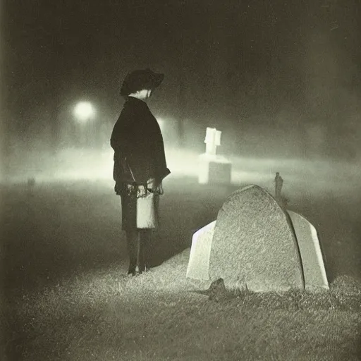 Image similar to a woman soul looking at his grave, night, fog, 1 9 0 0's photo