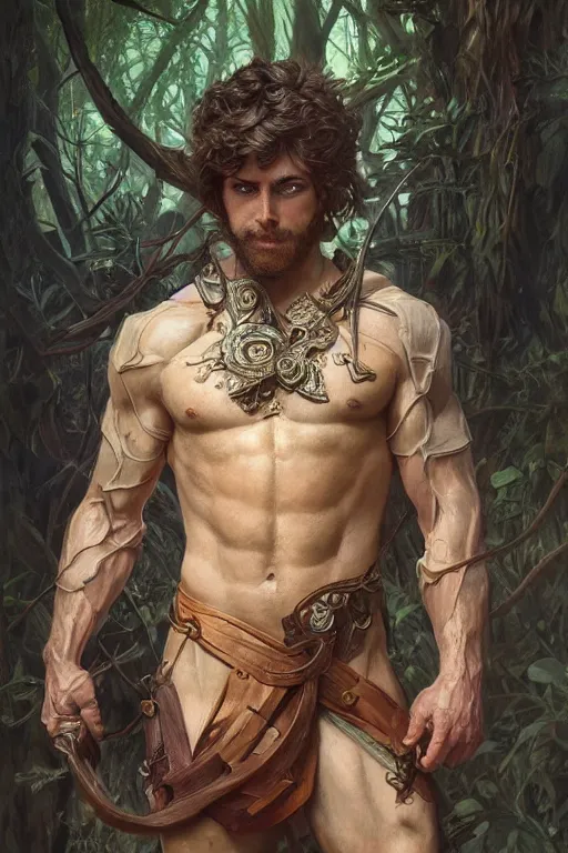 Image similar to portrait of bartelby montclair of dresdin as a herculian man, forest, full body, muscular, fantasy, intricate, elegant, highly detailed, digital painting, artstation, concept art, sharp focus, illustration, art by artgerm and greg rutkowski and alphonse mucha