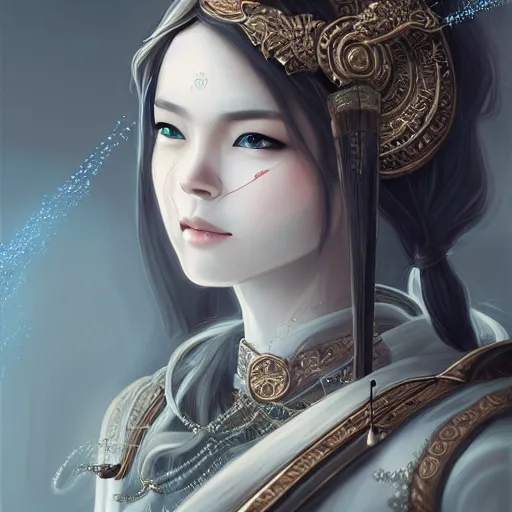 Prompt: beautiful extremely detailed intricate concept art depicting an archer by sakimichan. shining jewelry. grey atmosphere. particles in the background. bcy. net