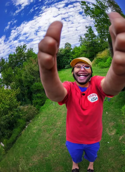 Prompt: photo of a person smiling and giving a thums up out doors. fisheye lens