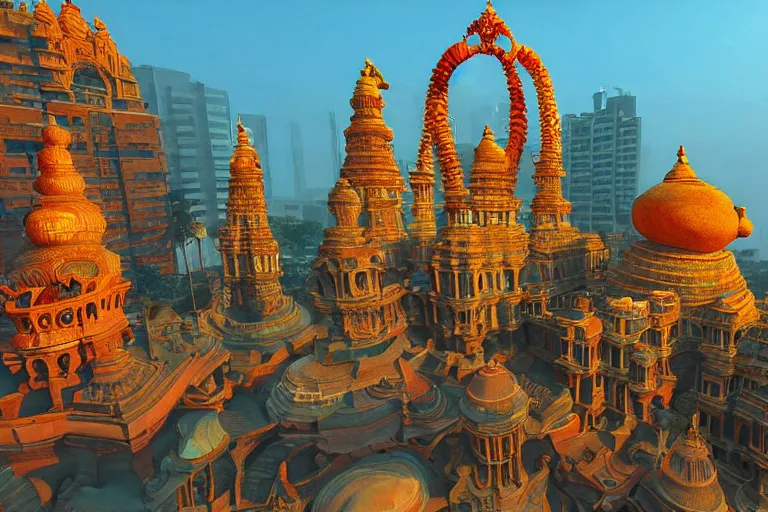 Image similar to high quality 3 d dreamscape! mumbai with biomorphic hanuman!! head building, kalighat highly detailed, unreal engine cinematic smooth, stephen shore & john j. park, soft morning light, wide shot, high angle, uhd 8 k, deep focus