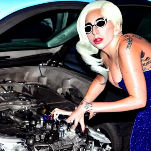 Image similar to lady gaga fixing a car engine