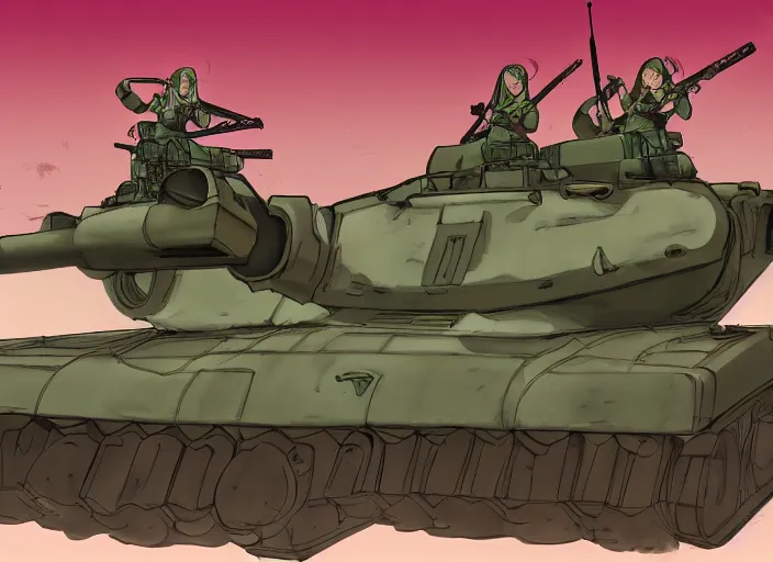 Prompt: female tank crew posing triumphantly next to their tank, anime, trending on pixiv