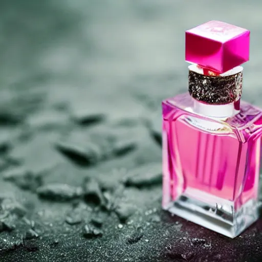 Prompt: a bottle of Kilian perfume, Kilian Love Don't Be Shy, the bottle of perfume is laying on pink sugar crystals, high resolution photo,