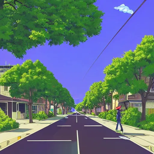 Image similar to neighborhood street, uptown street, golden hour, golden sunshine, trees over road, shining sun in distance, trees, juniper trees, oak trees, cars parked in street, long street, distance, cel - shaded, raytracing, cel - shading, toon - shading, 2 0 0 1 anime, flcl, jet set radio future, drawn by artgerm