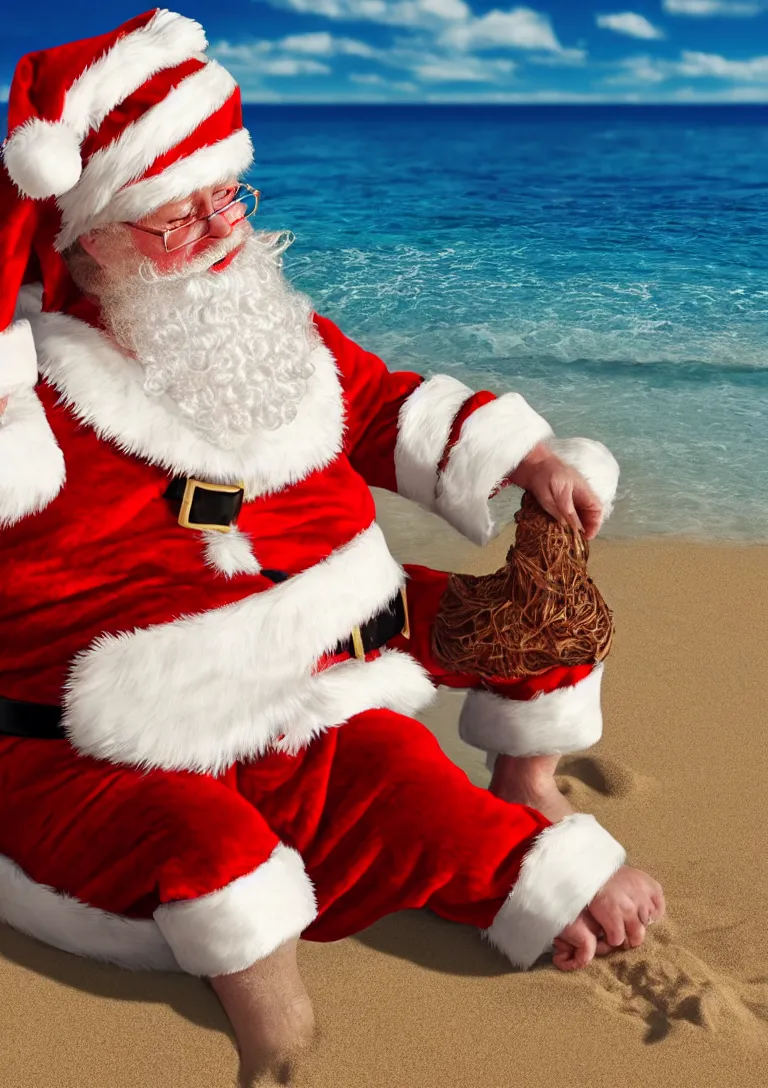 Prompt: santa claus sunbathing on the beach, 3d rendering of photo realistic image, super detailed, 4K,cinematic look