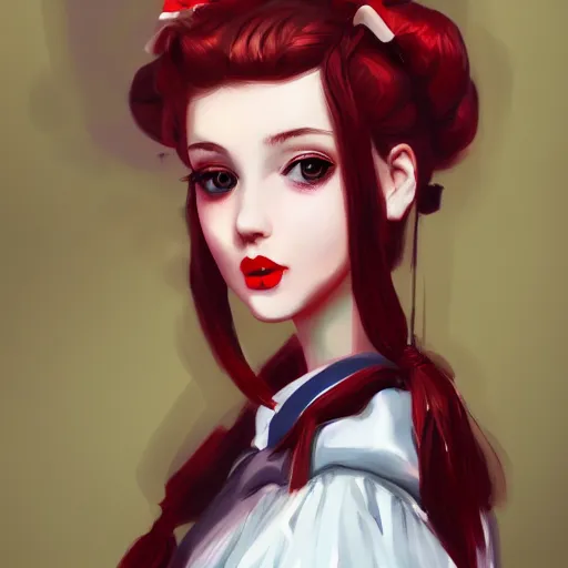 Prompt: a girl wearing lolita clothes, red lipstick, ponytail, highly detailed, digital painting, artstation, concept art, smooth, sharp focus, illustration