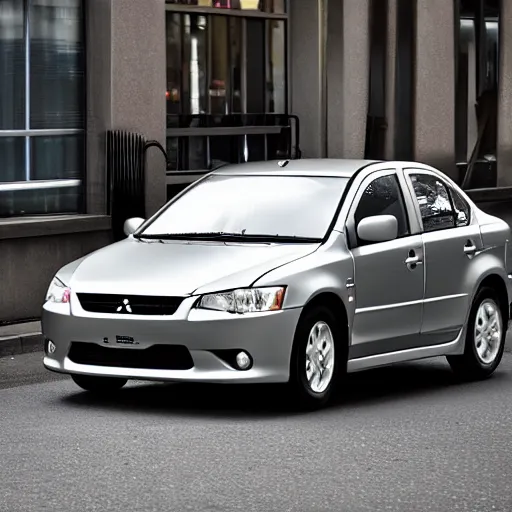 Prompt: silver 2 0 0 7 mitsubishi lancer parked on a wellington street, daylight, photograph