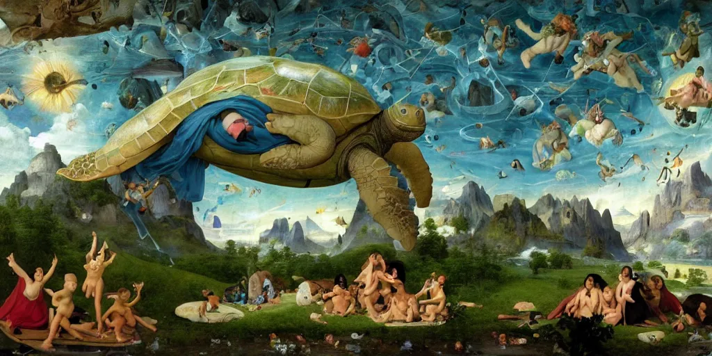 Image similar to The Great Turtle Island at the center of the Universe holding up the sky, Encircled by Mystical Interstellar Nether Worlds, Magic Fairyland, Going to the Sun Highway Glacier Park, Michael Cheval, Hieronymus Bosch, François Boucher, William-Adolphe Bouguereau, Oil Painting, unreal 5, DAZ, hyperrealistic, octane render, Regal, Refined, Detailed Digital Art, RPG portrait, Anton Fadeev, Walt Disney (1937), Steampunk, Volumetric Golden dappled dynamic lighting, Highly Detailed, Cinematic Lighting, Unreal Engine, 8k, HD