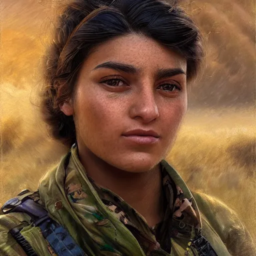 Image similar to a portrait of a beautiful woman Kurdish YPJ soldier, detailed, centered, digital painting, artstation, concept art, donato giancola, Joseph Christian Leyendecker, WLOP, Boris Vallejo, Breathtaking, 8k resolution, extremely detailed, beautiful, establishing shot, artistic, hyperrealistic, beautiful face, octane render