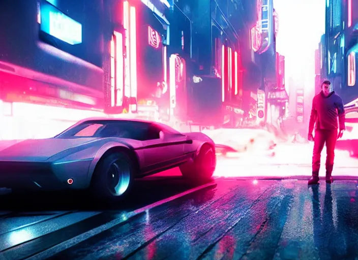 Prompt: Bladerunner2049 street racing man leaning cool pose on his white sports car with red emissives volumetric lighting Cyberpunk RTX ray marching street