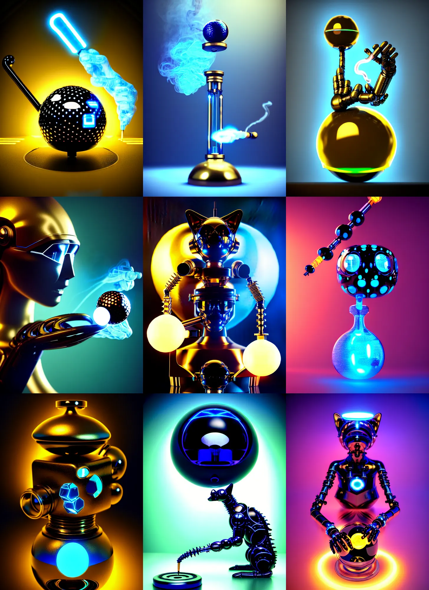 Prompt: cybernetic biotech obsidian tron cat smoking golfball bong | exotic jewelry | glamorous oily soft polished rich ornate modern | weta disney movie still photo | hi - fructose, sci fi fantasy, golden ratio, smooth, octane render, sharp focus, artstation, concept art | beeple, mucha, rutkowski, feng zhu |