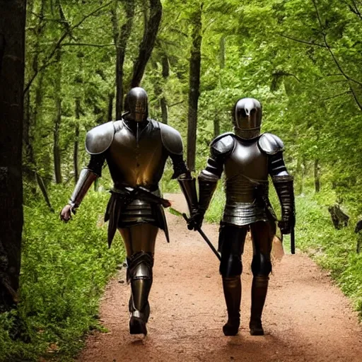 Prompt: Knight Theo is all in iron armor and his squire, who only has a spear, are walking along a forest path. Beautiful 8k style