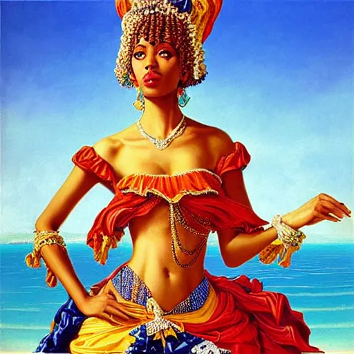 Prompt: woman, dressed in ankara style, beach, sun, stylish, greg hildebrandt fancy rococo baroque regal oil painting high quality