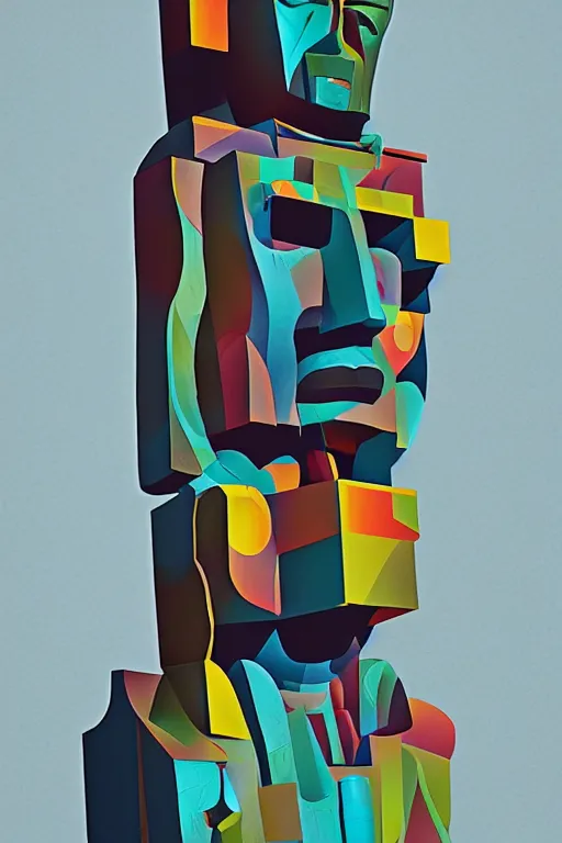 Image similar to cubist moai statue cutout digital illustration cartoon colorful beeple