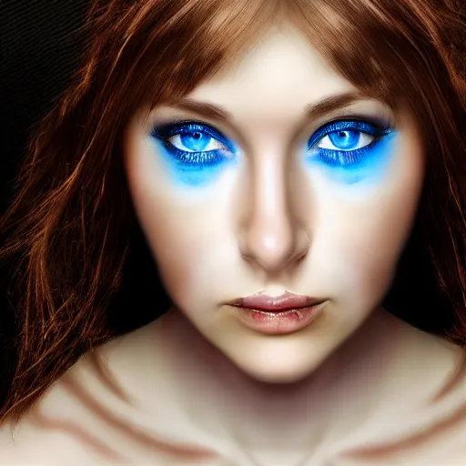 Image similar to Epic Professional digital airbrushed self-portrait of a female angel. she looks straight ahead. her deep blue eyes are beautiful and inspiring peace.