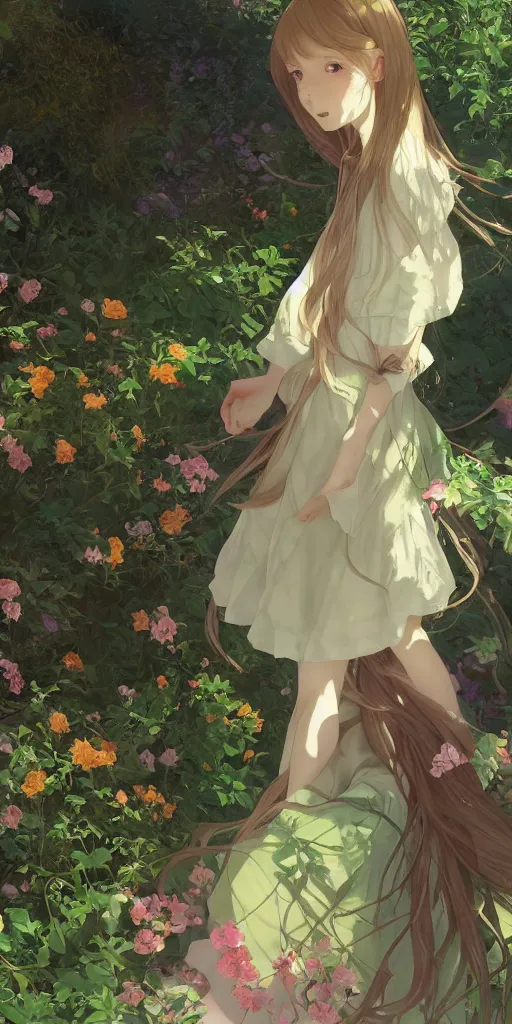 Prompt: a digital art of a loli with long hair in a dress in the privet garden at after noon, green and warm theme, back lighting, by krenz cushart and mucha and akihito yoshida and greg rutkowski and makoto shinkai, graphic design, extremely long shot, detailed eyes, 4 k resolution, trending on art station