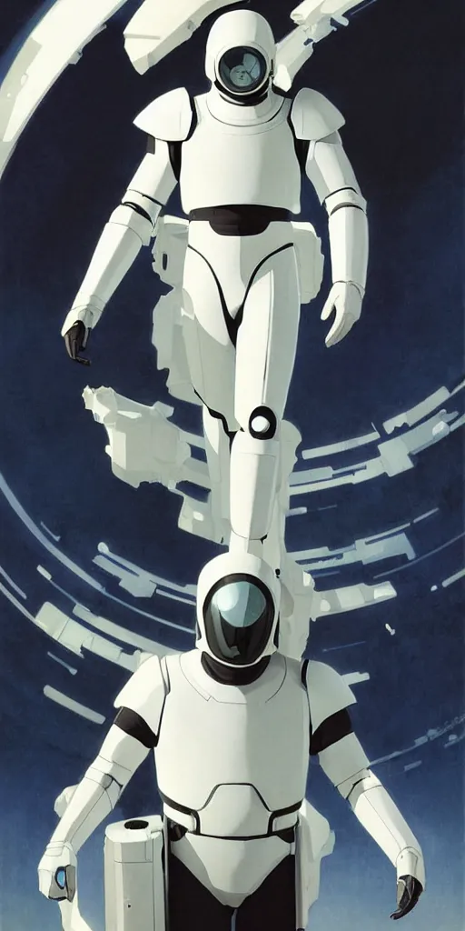 Image similar to a man with a futuristic white space armor walking out of a black spaceship, in the style of studio ghibli, j. c. leyendecker, greg rutkowski, artem