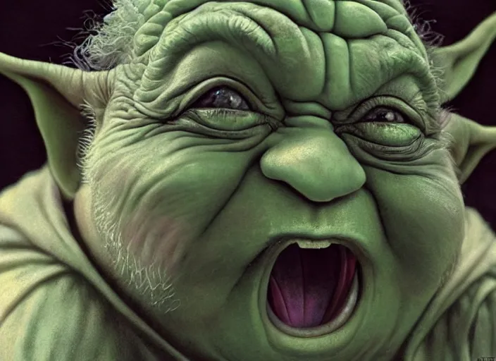 Prompt: a highly detailed portrait of Danny Devito as a crazy laughing drunk Yoda on a bad ketamine drug trip, pale green skin, descent into lunacy and madness, dizzy, trippy, artstation, cgsociety, very detailed, intricate, detailed illustration, by artgerm and greg rutkowski and alphonse mucha, sharp, smooth, masterpiece