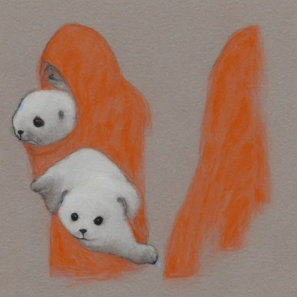 Image similar to a baby harp seal in an orange prisoner jumpsuit at the witness stand, courtroom sketch