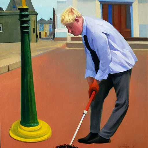 Image similar to A fine art painting of Boris Johnson doing community service in a high vis vest, he is picking litter on a British street. In the style of Edward Hopper and Wes Anderson