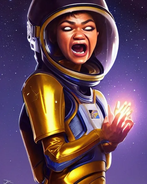 Prompt: zendaya screaming in fear in a space suit with a helmet levitating through the darkness of space, deep focus, D&D, fantasy, intricate, elegant, highly detailed, digital painting, artstation, concept art, matte, sharp focus, illustration, hearthstone, art by Artgerm and Greg Rutkowski and Alphonse Mucha