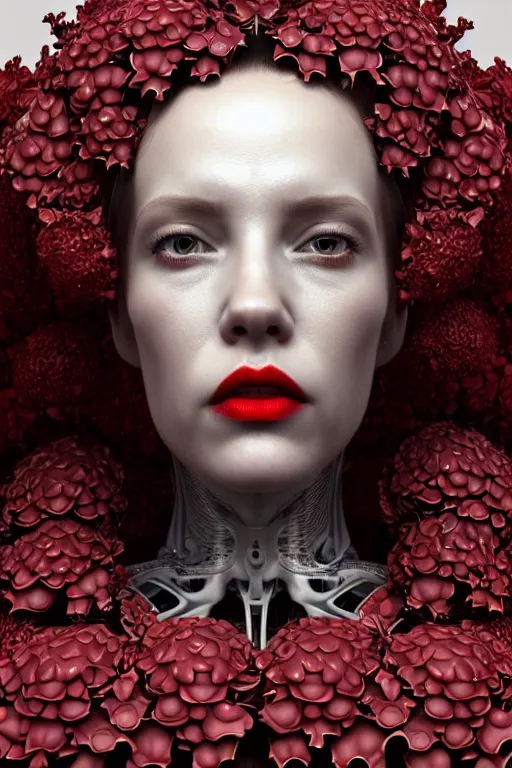 Prompt: complex 3 d render hyper detailed ultrasharp biomechanical female cyborg portrait with a beautiful porcelain profile face, mandelbrot fractal, elegant crown with huge white hydrangea flowers foliage leaves stems roots, red lips, alexander mcqueen haute couture, art nouveau fashion, octane render, 8 k