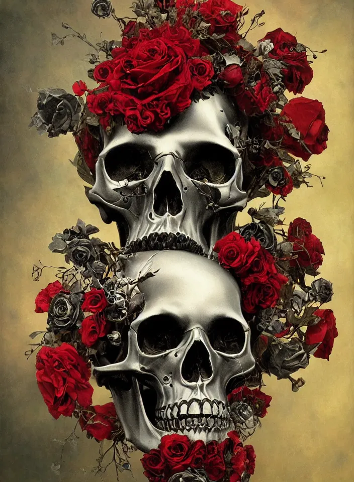 metal robot skull with a wreath of roses, flying | Stable Diffusion