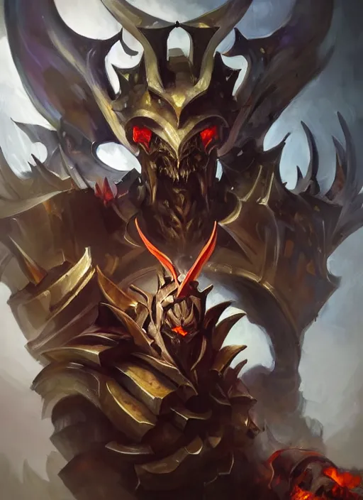 Prompt: Greg Manchess portrait painting of a demonic, devil armored character from league of legends, full shot, asymmetrical, splashscreen, Organic Painting, sunny day, Matte Painting, bold shapes, hard edges, cybernetic, street art, trending on artstation, by Huang Guangjian and Gil Elvgren and Sachin Teng