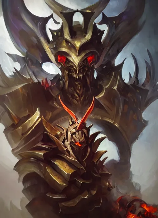 Image similar to Greg Manchess portrait painting of a demonic, devil armored character from league of legends, full shot, asymmetrical, splashscreen, Organic Painting, sunny day, Matte Painting, bold shapes, hard edges, cybernetic, street art, trending on artstation, by Huang Guangjian and Gil Elvgren and Sachin Teng