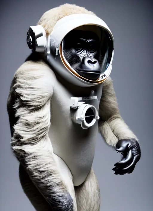 Image similar to studio photo still of a full body gorilla in a space suit, 8 k, studio lighting, key light from right side,