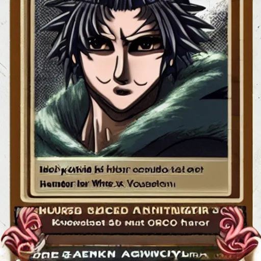 Prompt: official hunter x hunter card with picture of a thin white skinned armenian with a big jaw and a hairy chest