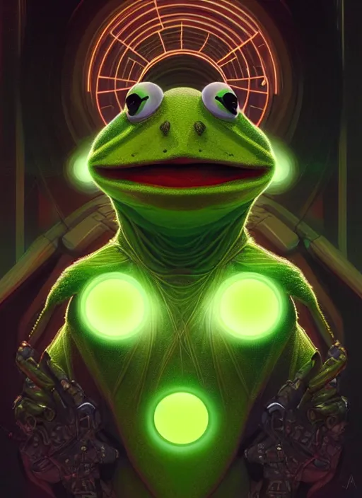 Prompt: symmetry portrait of kermit the frog, sci - fi, tech wear, glowing lights intricate, elegant, highly detailed, digital painting, artstation, concept art, smooth, sharp focus, illustration, art by artgerm and greg rutkowski and alphonse mucha