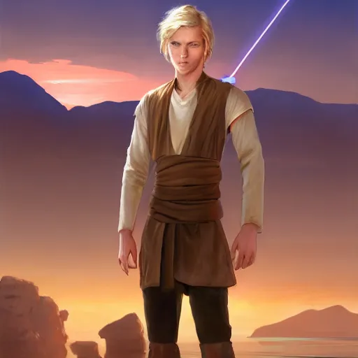 Image similar to a young blonde male jedi with short hair standing still looking at the sunset concept art by Doug Chiang cinematic, realistic painting, high definition, concept art, portait image, path tracing, serene landscape, high quality, highly detailed, 8K, soft colors, warm colors, turbulent sea, high coherence, anatomically correct, hyperrealistic, concept art, defined face, five fingers, symmetrical