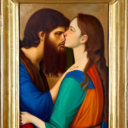 Image similar to 1 8 th oil panting of a jesus kissing a woman