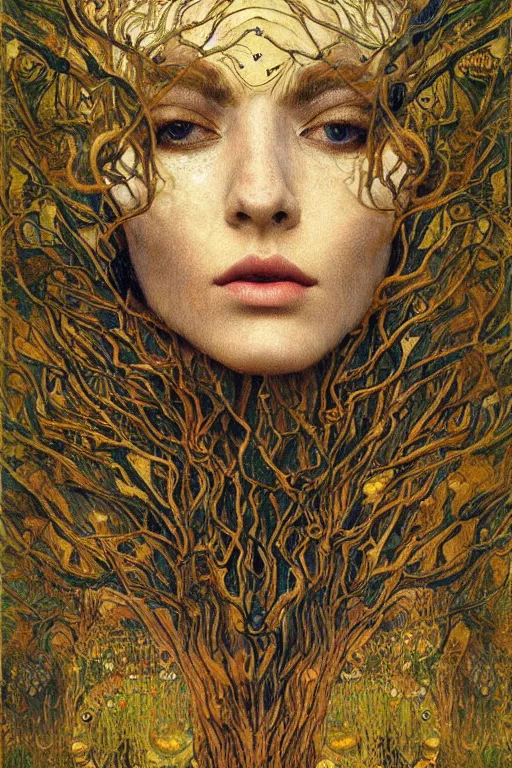 Prompt: Nature by Karol Bak, Jean Deville, Gustav Klimt, and Vincent Van Gogh, beautiful organic portrait, visionary, hair made of trees, verdant, life, botanicals, otherworldly, fractal structures, ornate gilded medieval icon, third eye, spirals