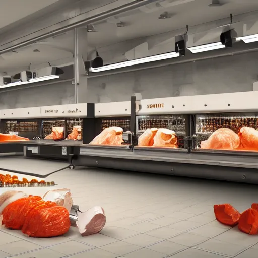 Image similar to butcher shop with three robotic kuka robot cutting machines, octane rendered, highly detailed