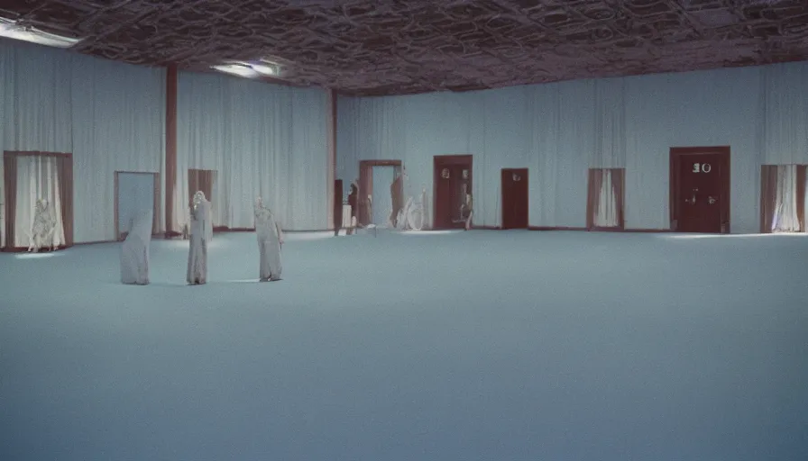 Prompt: 60s movie still of corpses in a empty light blue ballroom, cinestill 800t 50mm eastmancolor, liminal Space style, heavy grain-s 150