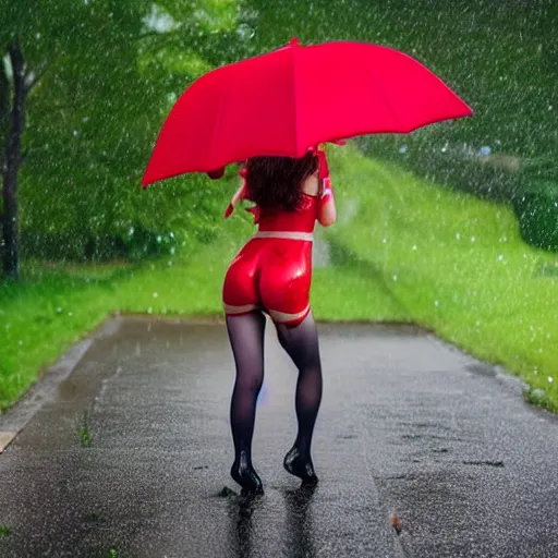 prompthunt: anime girl walks in lingerie and pantyhose in the rain with an  umbrella, red curly hair in pigtails with an elastic band, rain, full HD, 8k