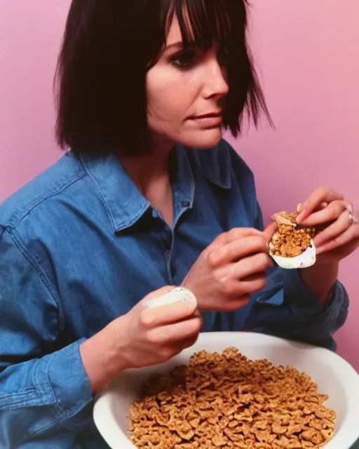 Image similar to 2 0 years old plump courtney cox eating cereal in her boyfriend's shirt, redshift, colour shift, wide shot, coloured polaroid photograph, pastel, kodak film, hyper real, stunning moody cinematography