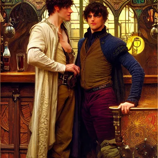 Prompt: attractive arthur pendragon and merlin go to a pub together to have some drinks. highly detailed painting by gaston bussiere, craig mullins, j. c. leyendecker, alphonse mucha 8 k