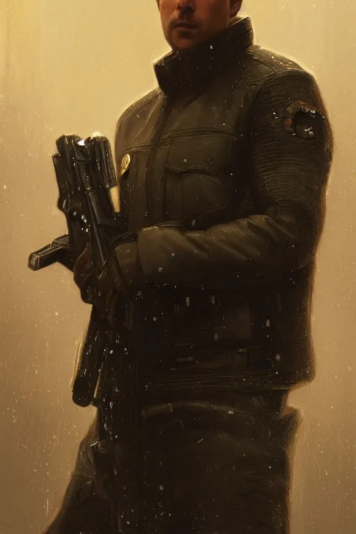 Image similar to Officer K from Blade Runner 2049, diffuse lighting, fantasy, intricate, elegant, highly detailed, lifelike, photorealistic, digital painting, artstation, illustration, concept art, smooth, sharp focus, art by John Collier and Albert Aublet and Krenz Cushart and Artem Demura and Alphonse Mucha