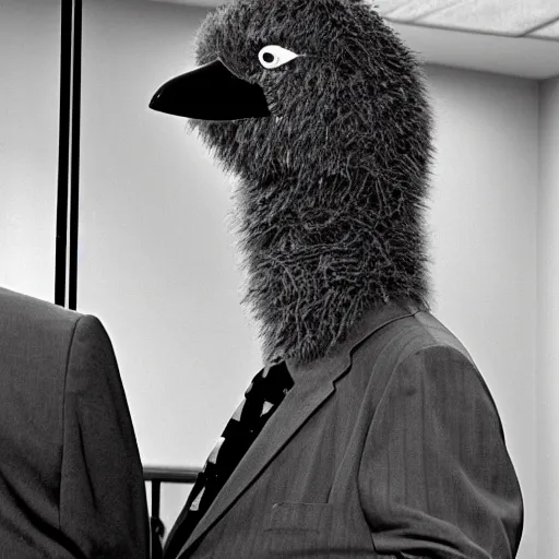 Prompt: big bird gives testimony in a court room wearing a suit